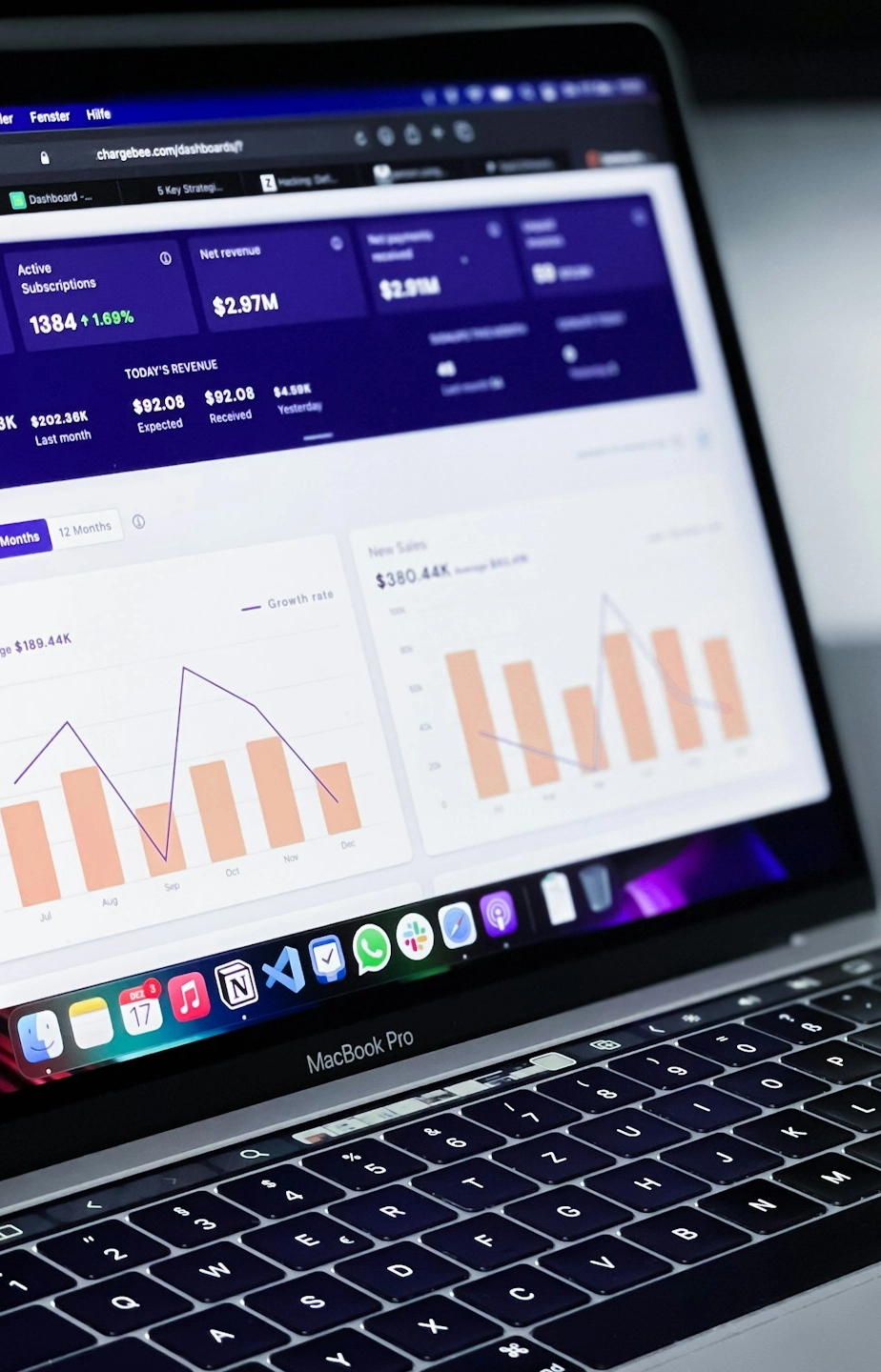 Ekran laptopa z panelem analitycznym i wykresami, symbolizujący raportowanie wyników kampanii, jakie prowadzi agencja social media Gdańsk.